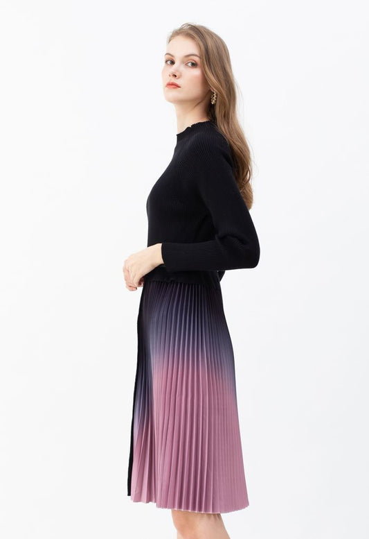 Gradient Pleated Splicing Belted Knit Dress in Black