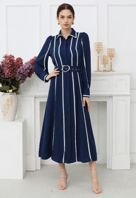 Crochet Stripe Collared Belted Buttoned Maxi Dress