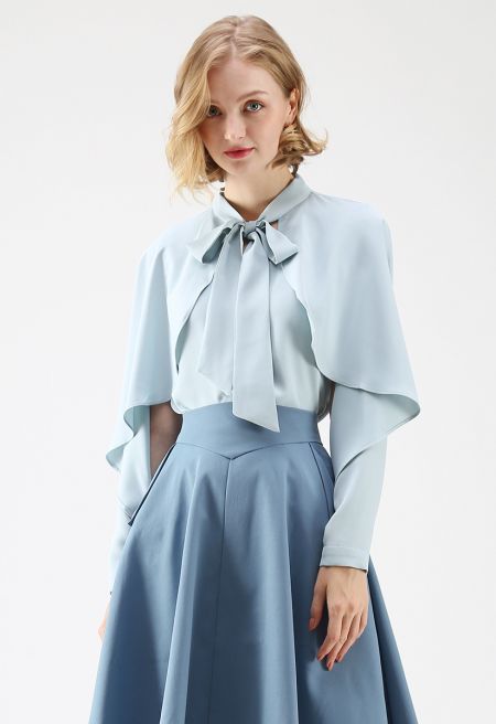 Crush on Casual Bowknot Cape Sleeves Top in Blue Halloween Costumes