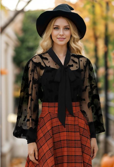 Velvet Bats Puff Sleeve Buttoned Mesh Shirt Halloween Costumes